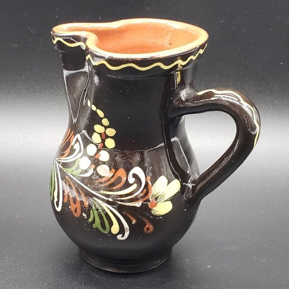 HUNGARIAN Redware Hand Painted Brown Floral Beige Green Glazed Handled Pitcher - Picture 7 of 11